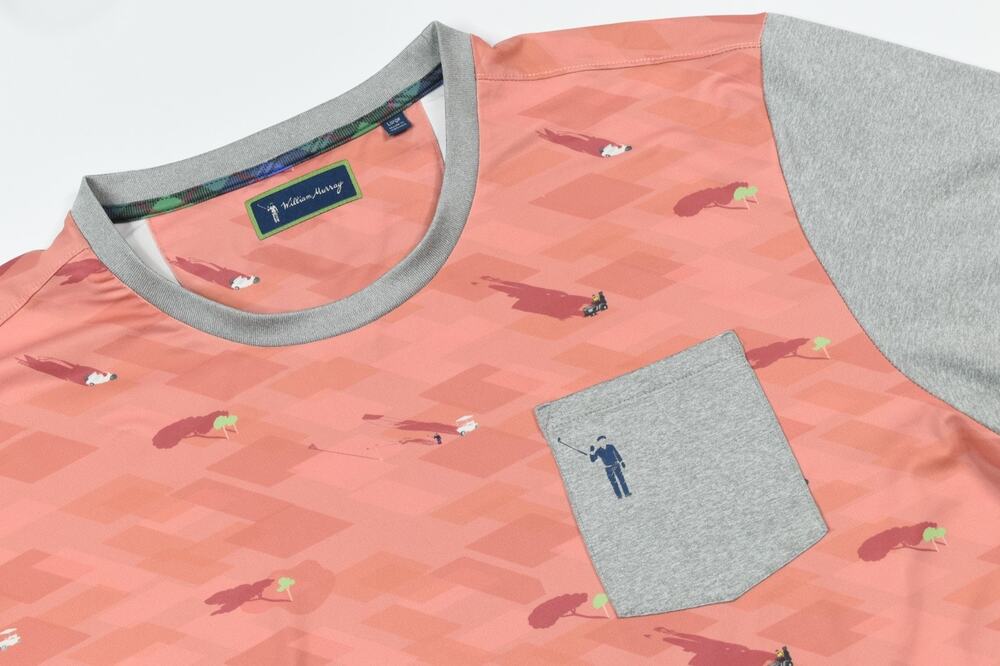 William Murray Performance Pocket Tee Mens Large Coral Course Print Stretch Golf